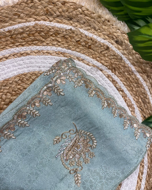 Exquisite Designer Saree: Pure Cosmos Saree with Heavy Zardozi & Moti Handwork