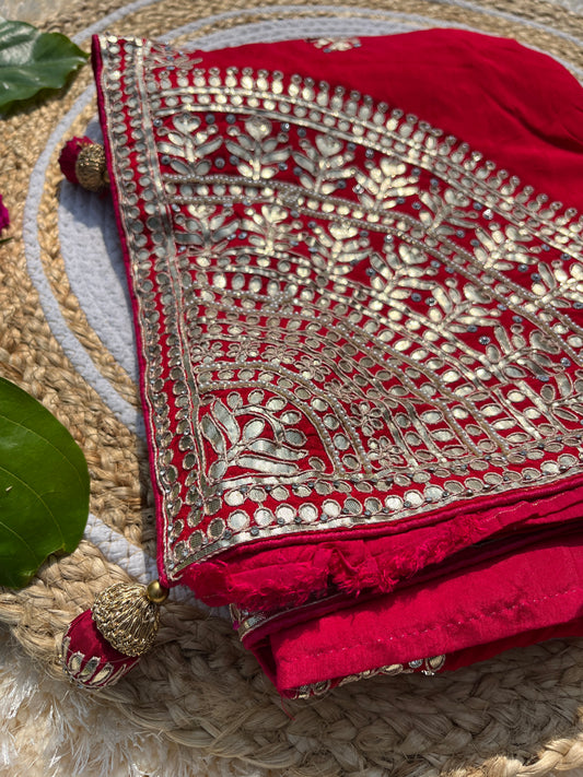 Regal Red Designer Saree in Pure Upada Silk with Heavy Gotta Patti Handwork