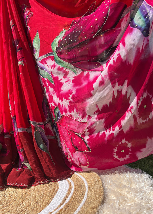 Elegant Pure Chinon Saree with Sequence Handwork & Artistic Cut-Work Pallu