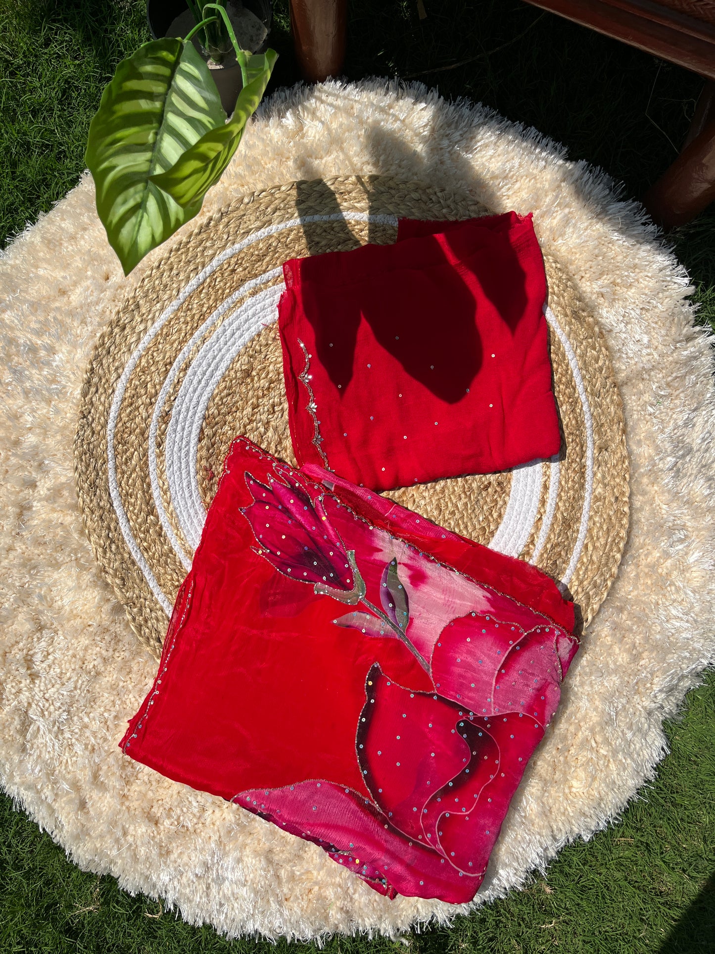 Elegant Pure Chinon Saree with Sequence Handwork & Artistic Cut-Work Pallu