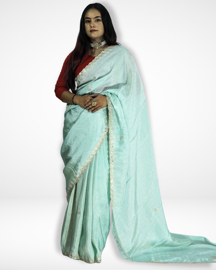 Woman wearing a mint green saree with delicate gold embroidered borders and subtle motifs, paired with a red blouse and traditional jewelry, posing gracefully against a plain background. ✨