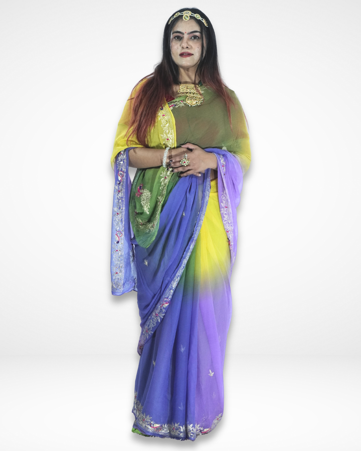 Full-length view of a woman wearing an elegant multicolor saree with green, yellow, and purple gradient tones, detailed embroidery borders, and styled with a traditional gold necklace and headpiece. ✨