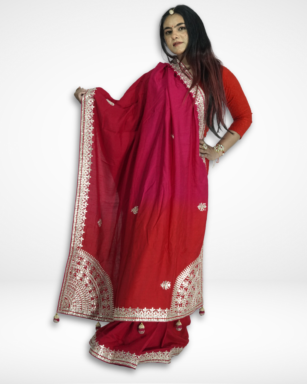Woman posing in a red saree with detailed gold embroidered borders and tassel accents, holding the pallu to showcase the design, paired with a matching red blouse and traditional jewelry against a plain background. ✨