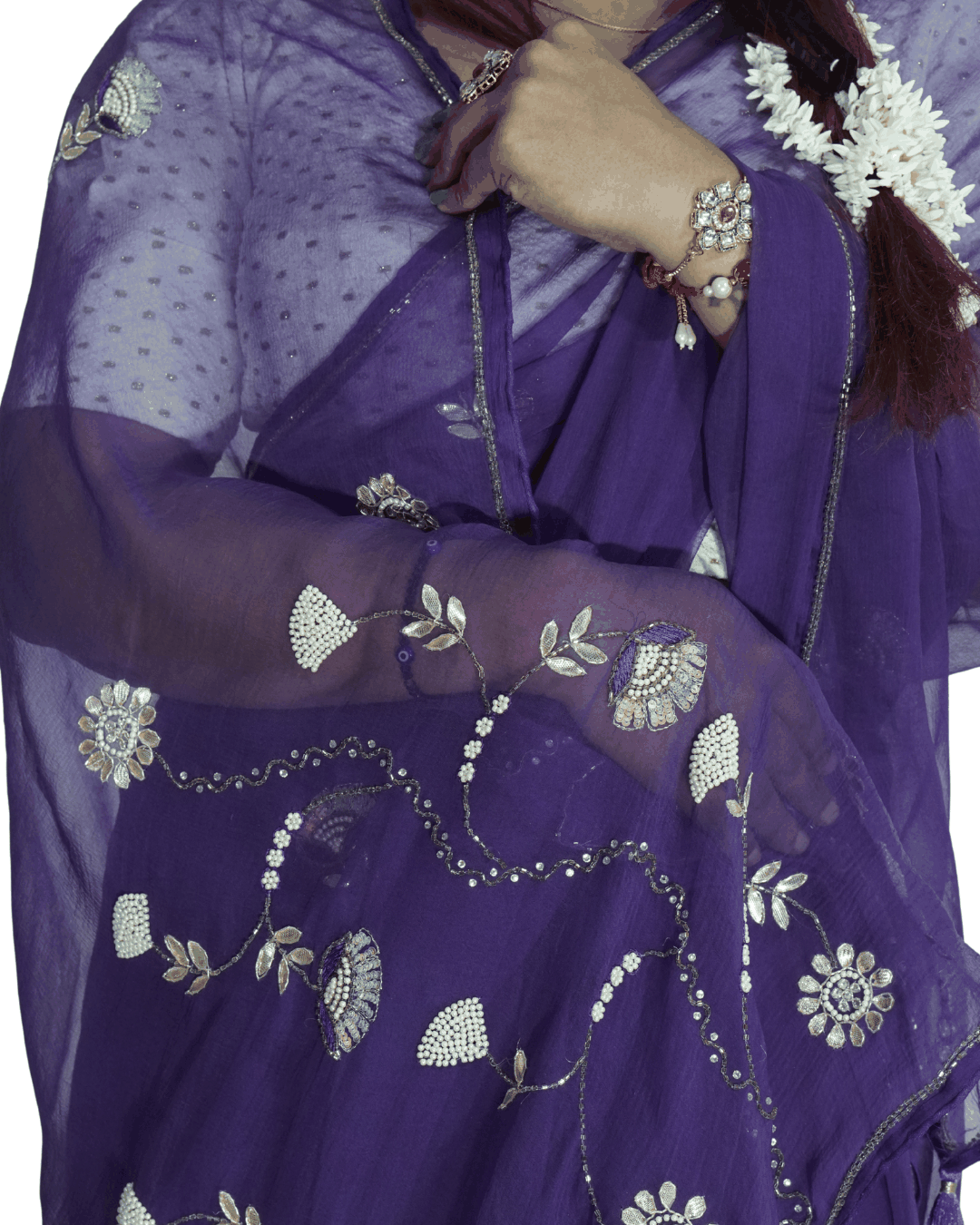 Close-up of deep purple handcrafted saree featuring intricate floral embroidery and fine detailing, highlighting Amai Jaipur’s sustainable luxury ethnic wear and traditional Jaipur craftsmanship.