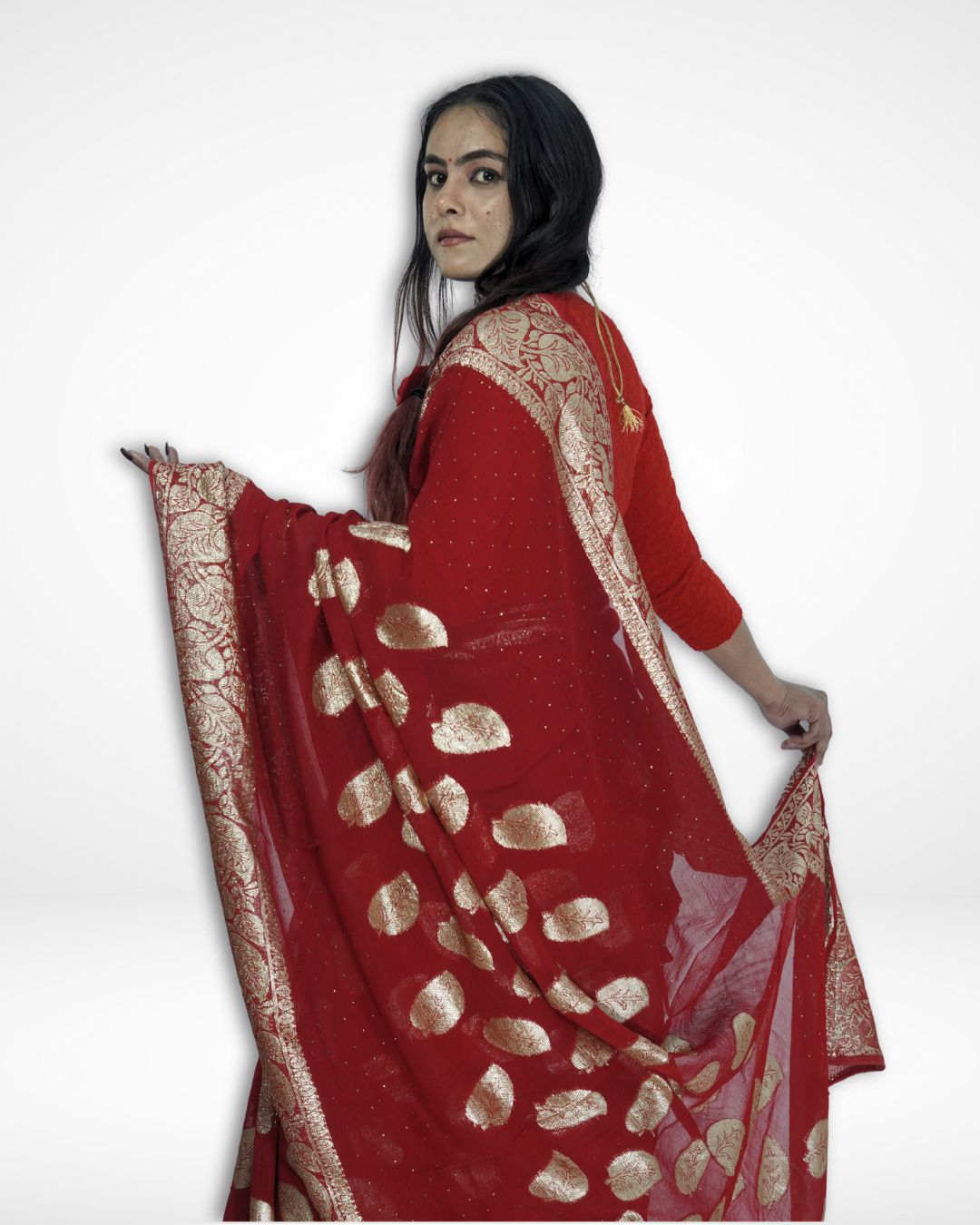 Model elegantly displaying a red Banarasi chiffon saree with shimmering gold zari leaf motifs and ornate woven border, highlighting Amai Jaipur’s handcrafted luxury saree perfect for bridal wear, weddings, and festive ethnic fashion.
