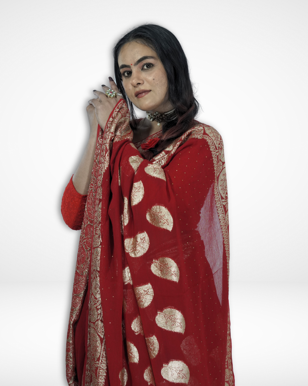 Close-up of a model wearing a red Banarasi chiffon saree with shimmering gold zari leaf motifs and an ornate woven border, showcasing Amai Jaipur’s handcrafted luxury saree ideal for weddings, bridal wear, and festive ethnic fashion.