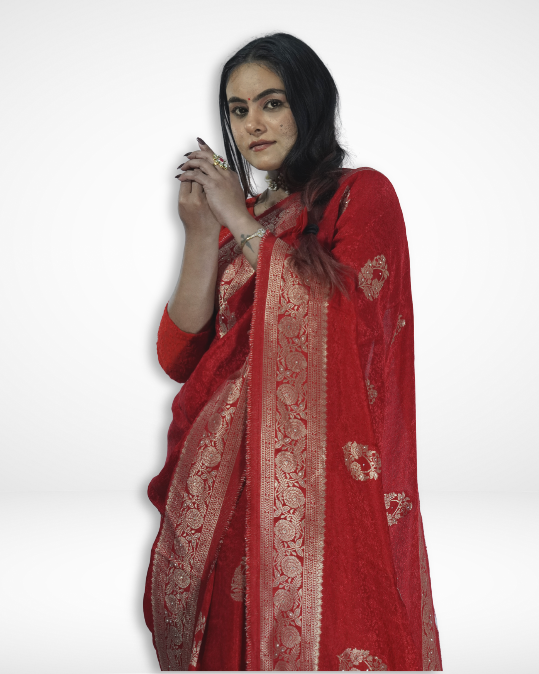 Close-up of a model draped in a rich red Banarasi silk saree with intricate gold zari weaving and ornate traditional border, highlighting Amai Jaipur’s handcrafted luxury saree perfect for weddings and festive ethnic wear.