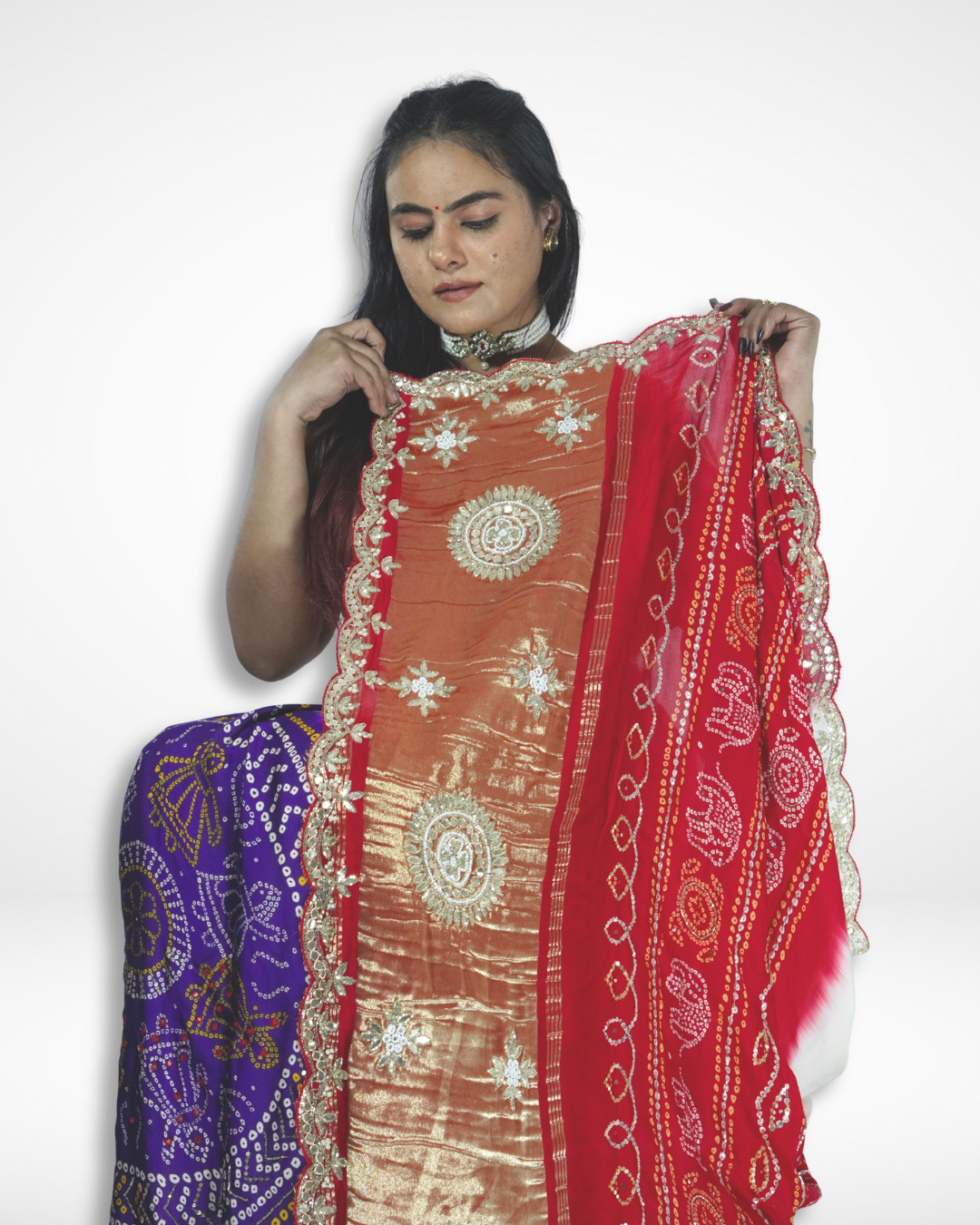 Model showcasing a handcrafted saree with vibrant red bandhani patterns, royal blue motifs, and a rich gold embroidered pallu, highlighting Amai Jaipur’s sustainable luxury ethnic wear inspired by traditional Jaipur craftsmanship.