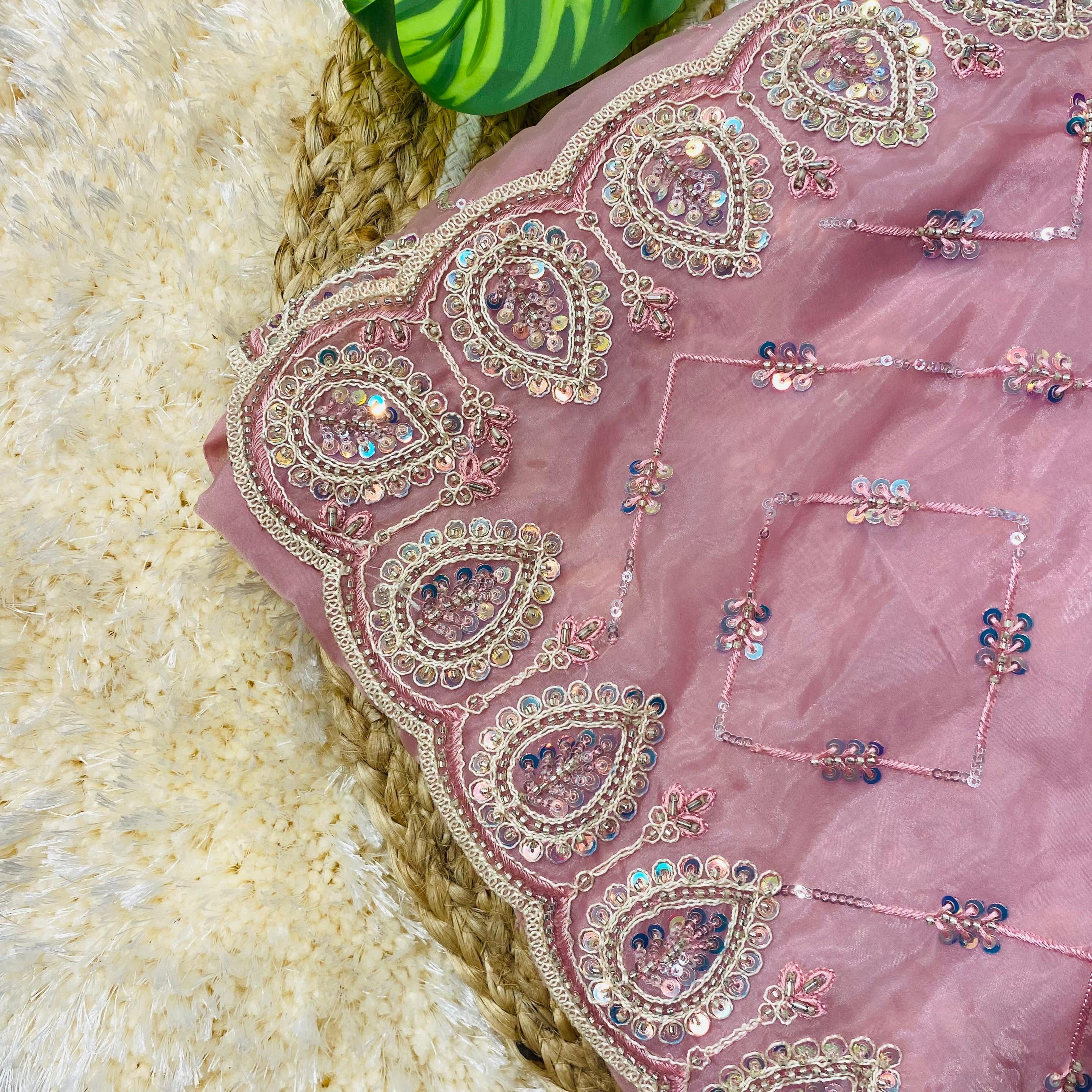 Detailed close-up of a blush pink saree showcasing intricate paisley embroidery along the border, embellished with sequins, beads, and delicate threadwork, with small floral sequin motifs forming a subtle geometric pattern across the fabric. ✨