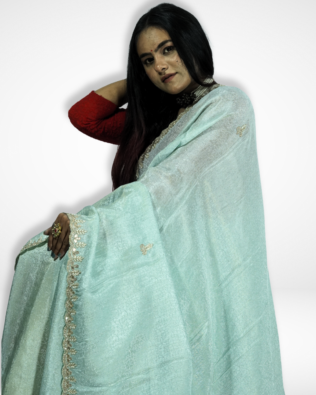 Woman draped in a mint green saree with subtle woven patterns and a delicate gold embroidered border, paired with a red blouse and traditional jewelry, posing gracefully while holding the flowing pallu. ✨