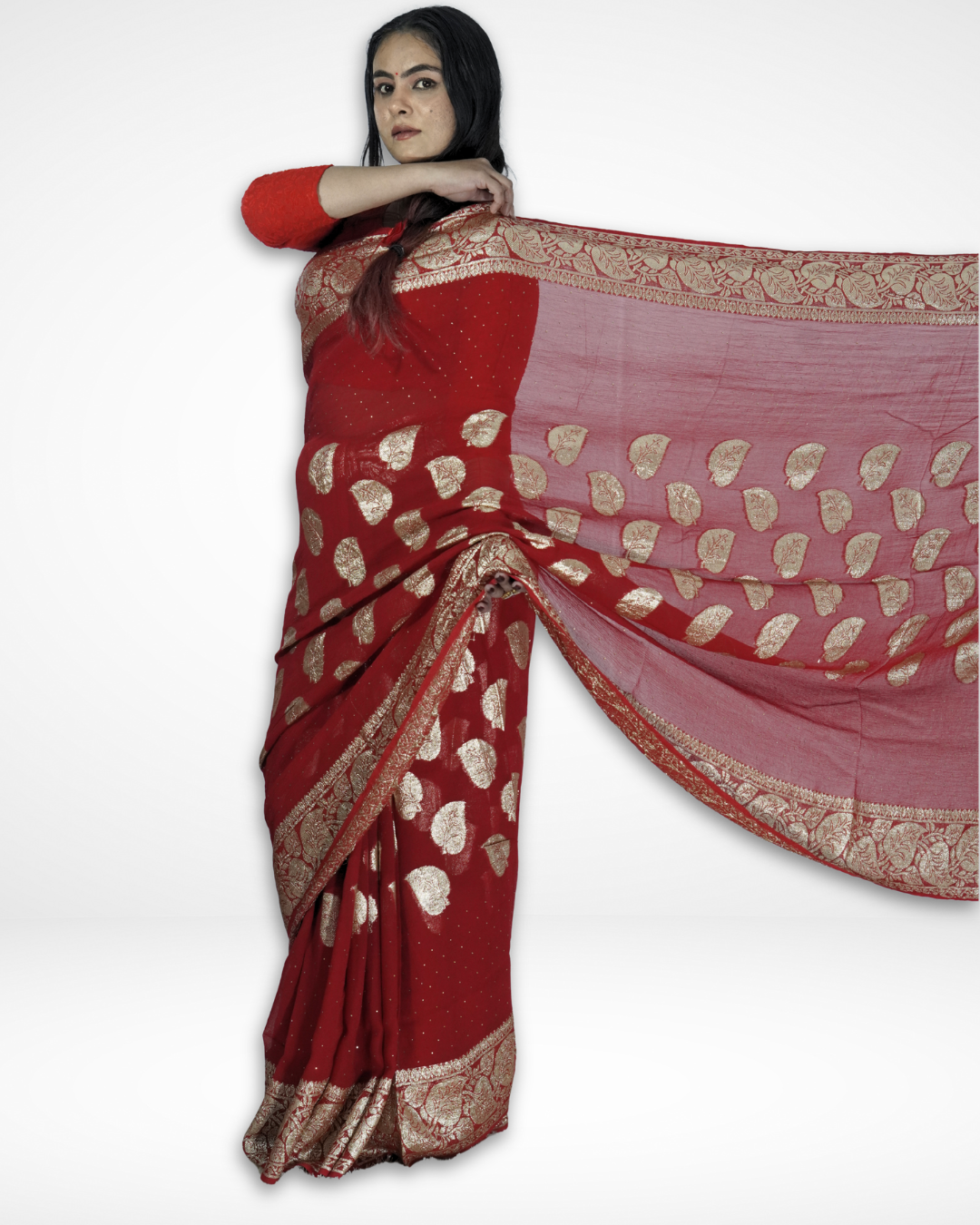 Model elegantly displaying a red Banarasi chiffon saree with gold zari leaf motifs and an intricate woven border, showcasing Amai Jaipur’s handcrafted luxury saree with flowing pallu, perfect for bridal wear, weddings, and festive ethnic occasions.