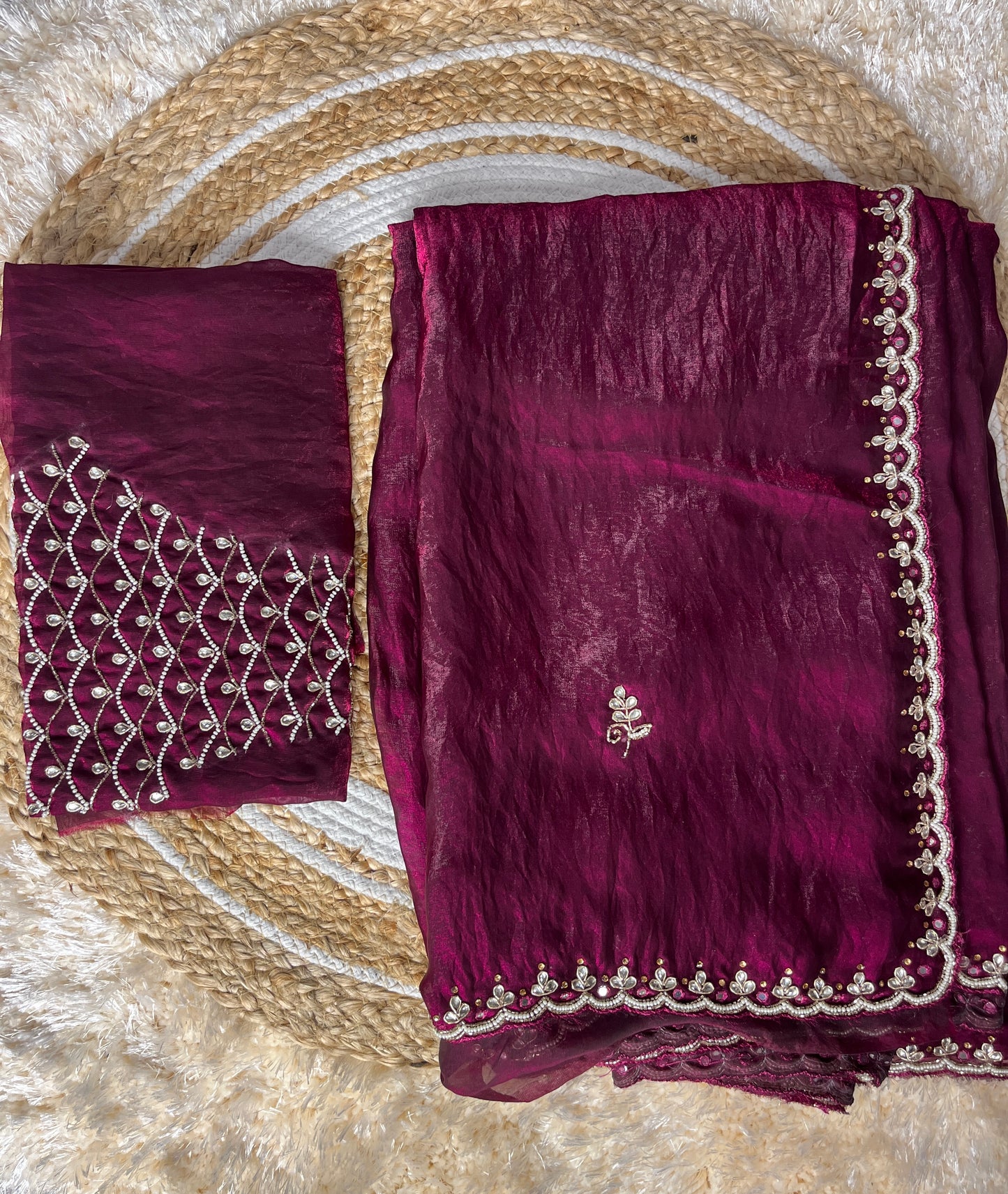 Pure Cosmos Handwork Saree with Shimmering Stone and Moti Work | Festive Wear