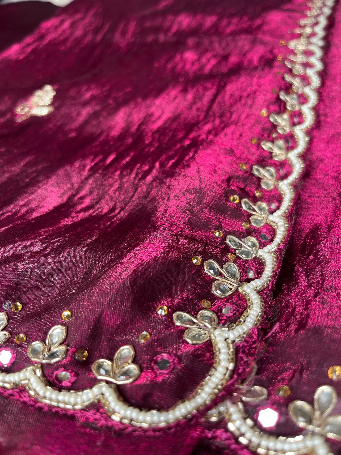 Pure Cosmos Handwork Saree with Shimmering Stone and Moti Work | Festive Wear