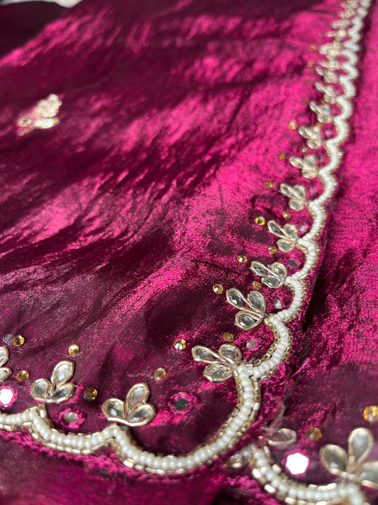 Pure Cosmos Handwork Saree with Shimmering Stone and Moti Work | Festive Wear