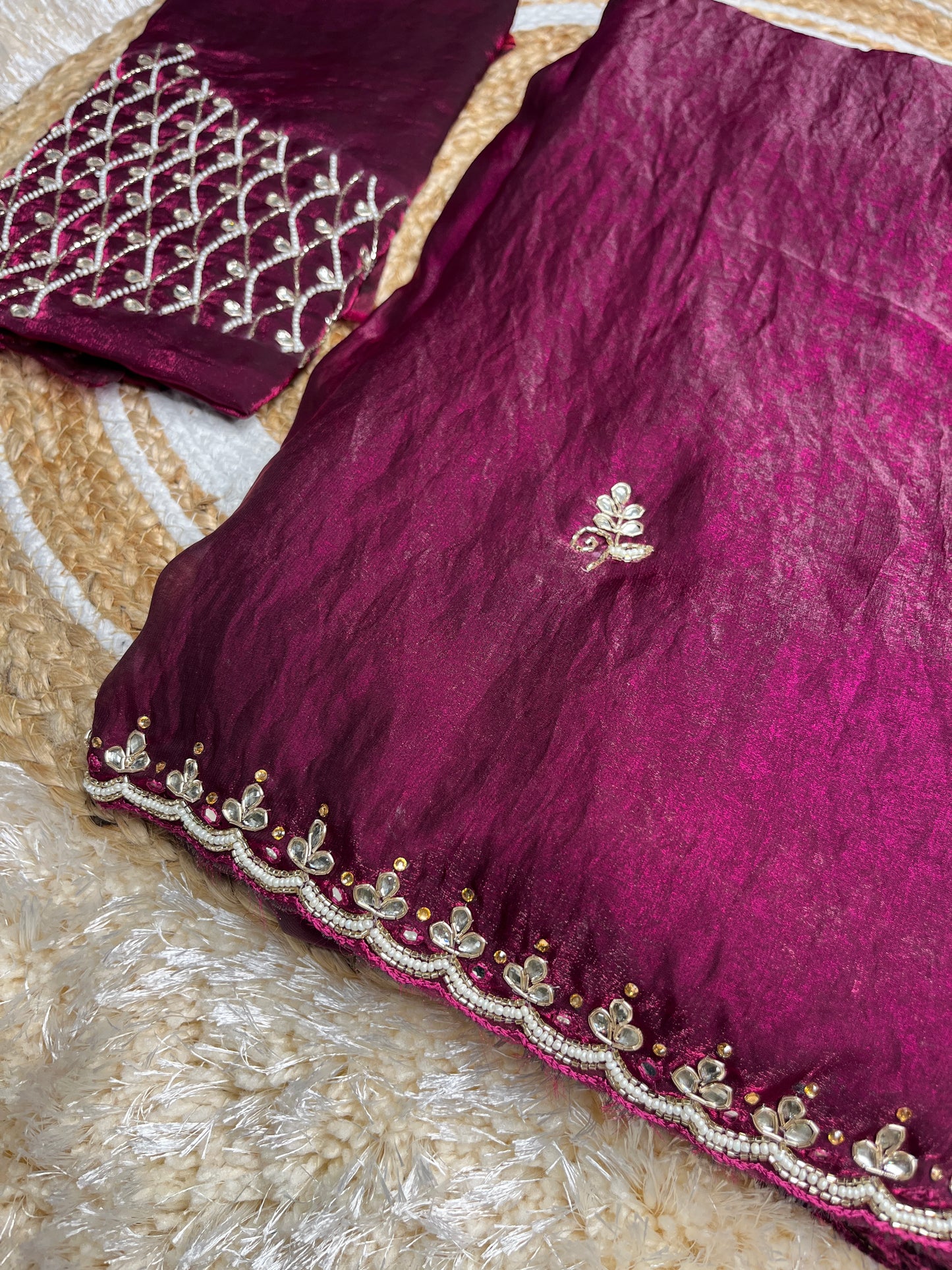 Pure Cosmos Handwork Saree with Shimmering Stone and Moti Work | Festive Wear
