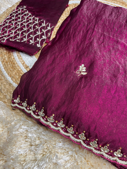 Pure Cosmos Handwork Saree with Shimmering Stone and Moti Work | Festive Wear