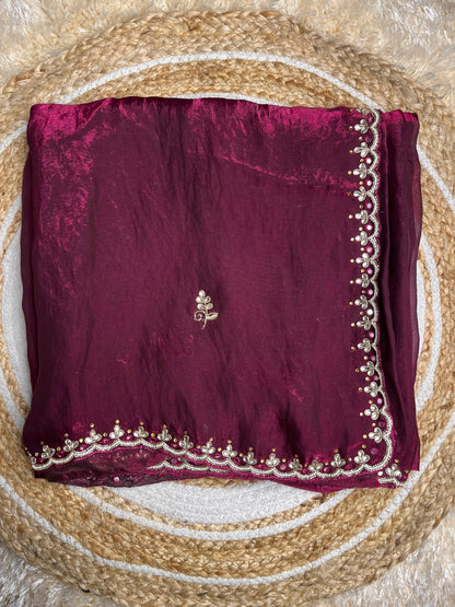 Pure Cosmos Handwork Saree with Shimmering Stone and Moti Work | Festive Wear