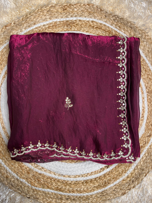 Pure Cosmos Handwork Saree with Shimmering Stone and Moti Work | Festive Wear