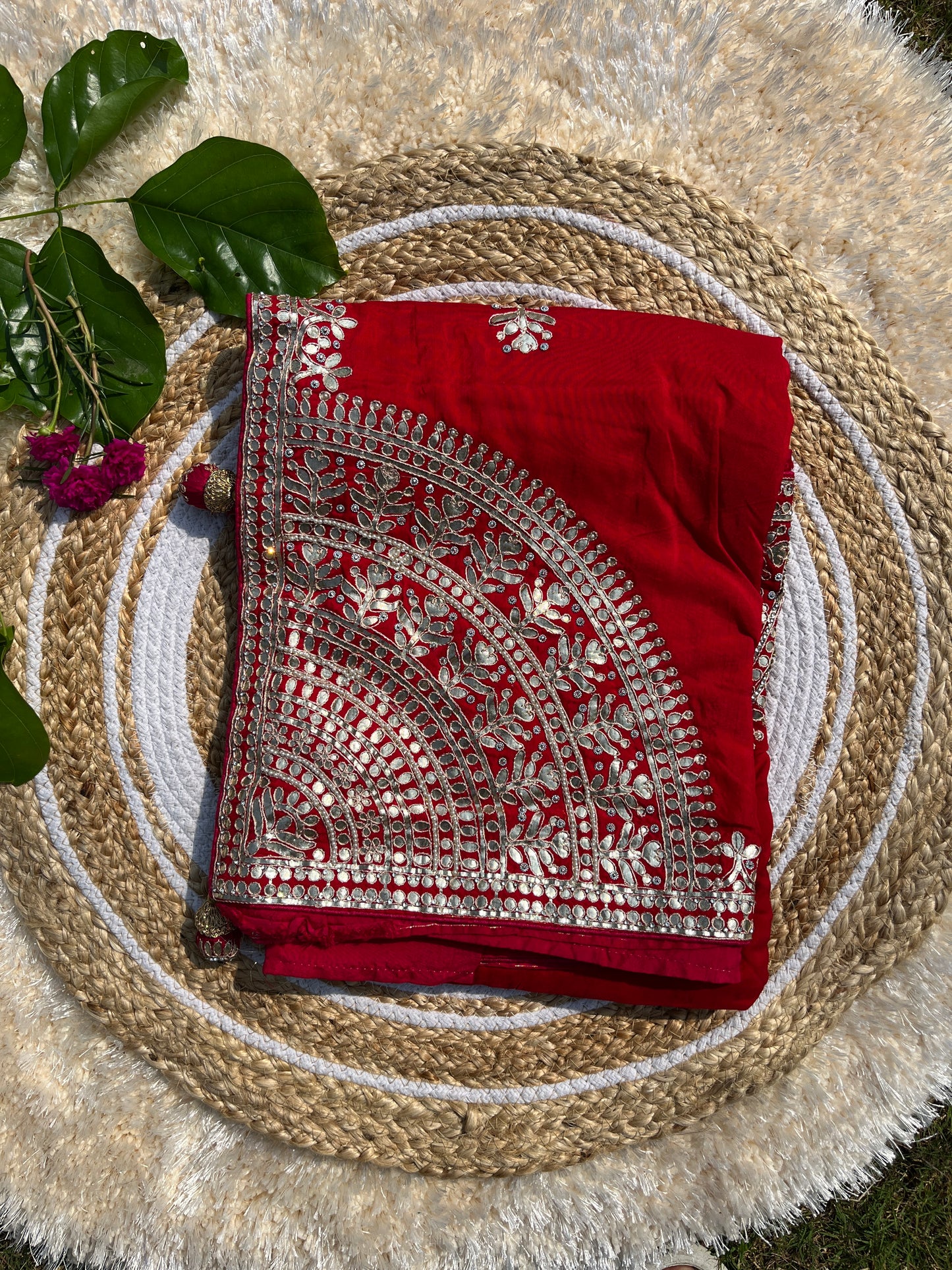 Regal Red Designer Saree in Pure Upada Silk with Heavy Gotta Patti Handwork