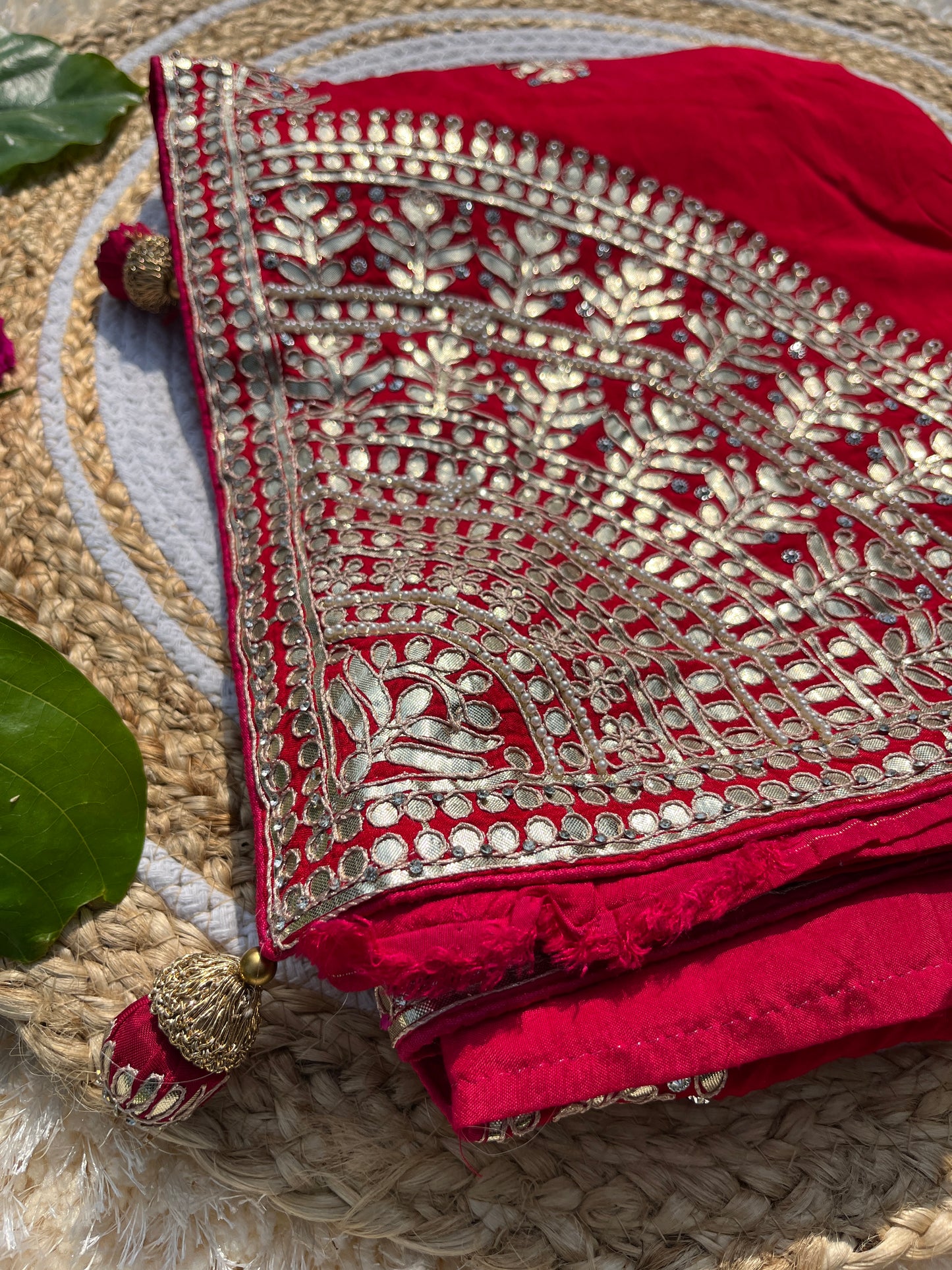 Regal Red Designer Saree in Pure Upada Silk with Heavy Gotta Patti Handwork