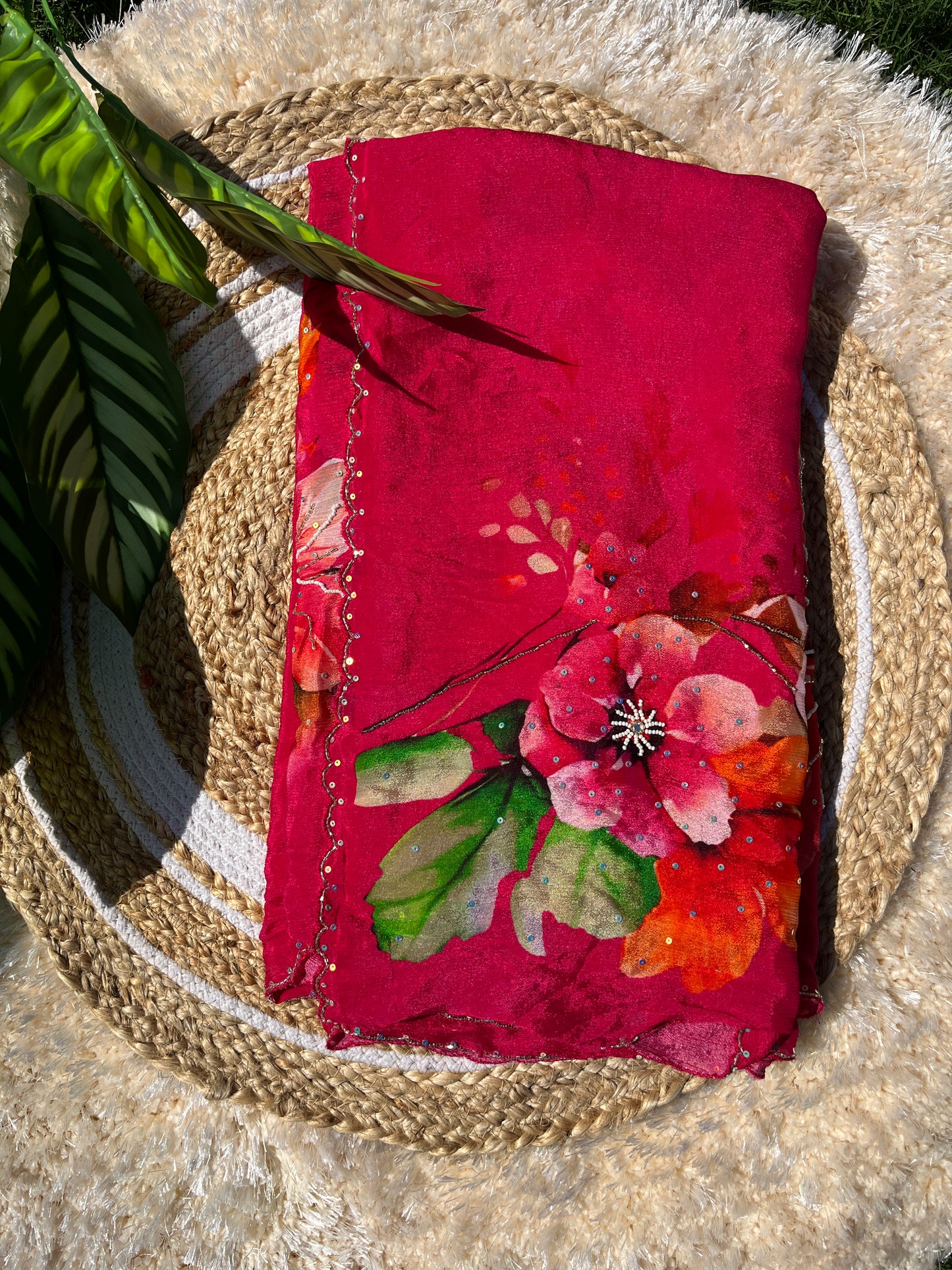 Elegant Pure Chinon Saree with Sequence Handwork & Artistic Cut-Work Pallu