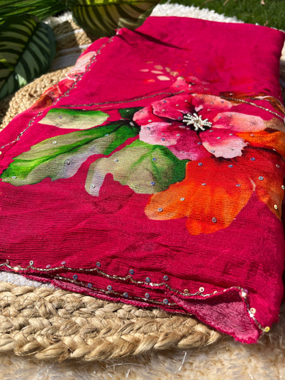 Elegant Pure Chinon Saree with Sequence Handwork & Artistic Cut-Work Pallu