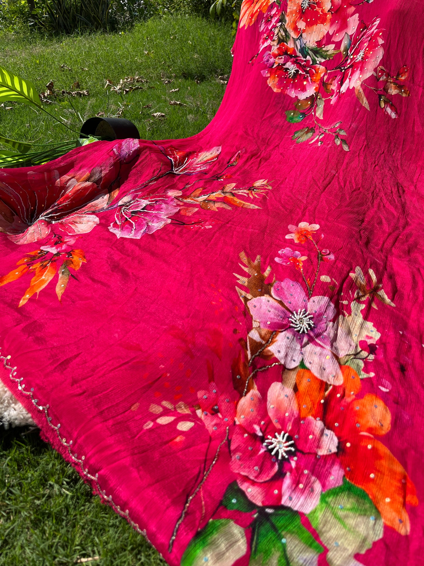 Elegant Pure Chinon Saree with Sequence Handwork & Artistic Cut-Work Pallu