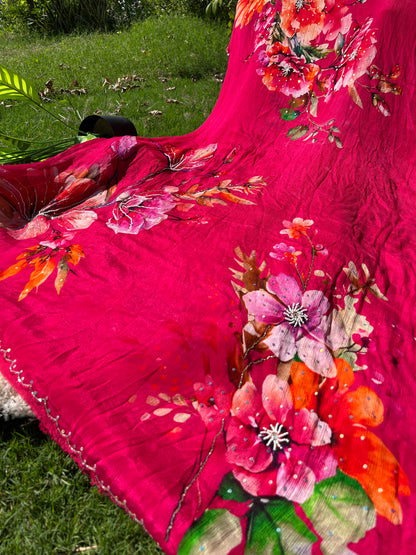 Elegant Pure Chinon Saree with Sequence Handwork & Artistic Cut-Work Pallu