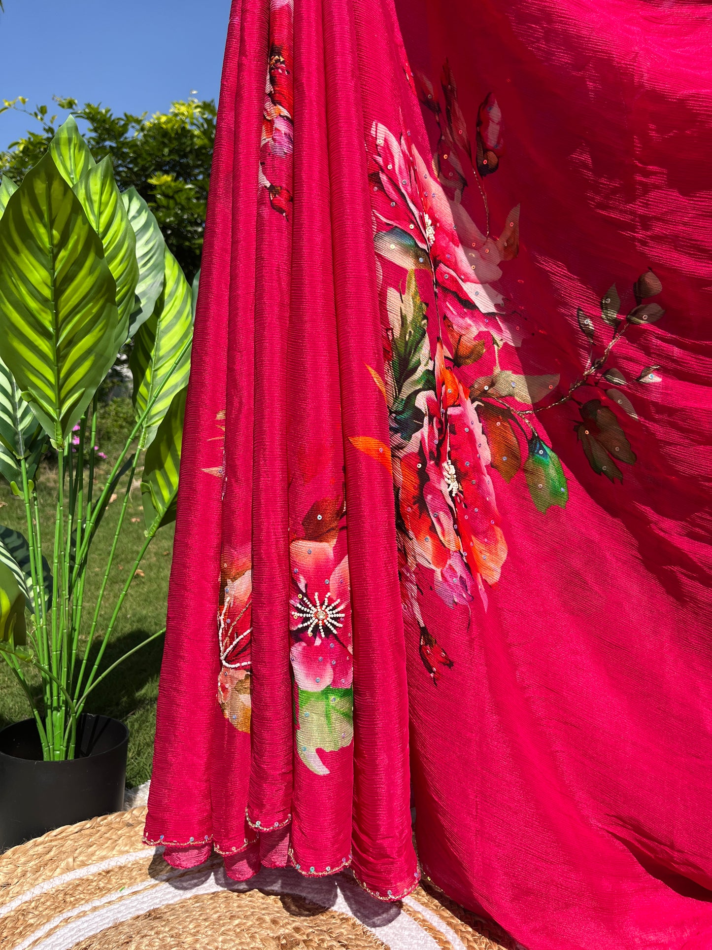 Elegant Pure Chinon Saree with Sequence Handwork & Artistic Cut-Work Pallu