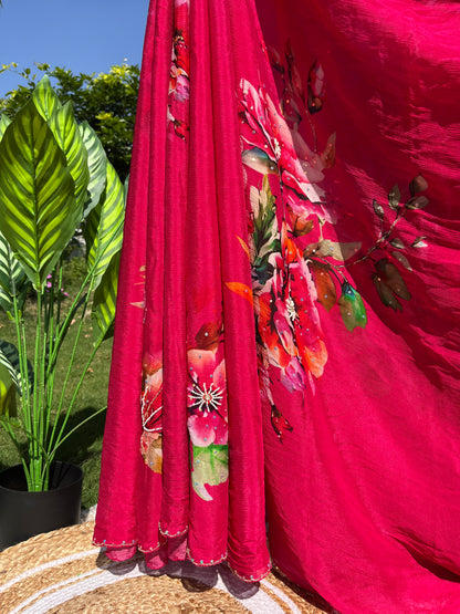 Elegant Pure Chinon Saree with Sequence Handwork & Artistic Cut-Work Pallu