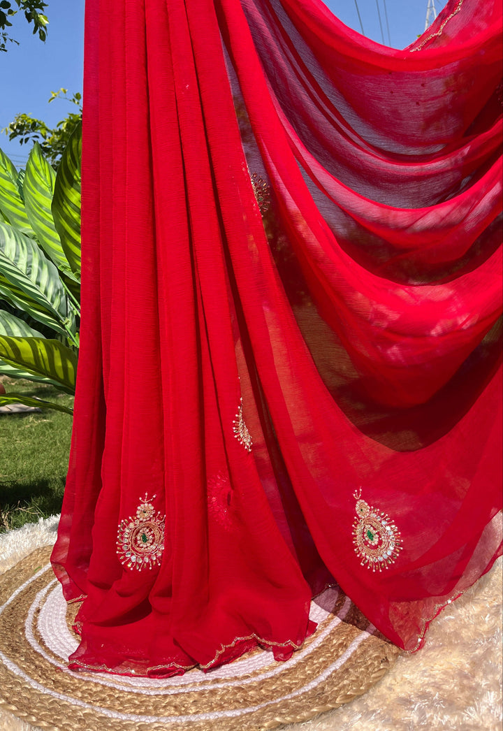 Luxurious Soft Chiffon Saree with Intricate Kardhana & Moti Handwork | Lightweight Saree Amai Jaipur