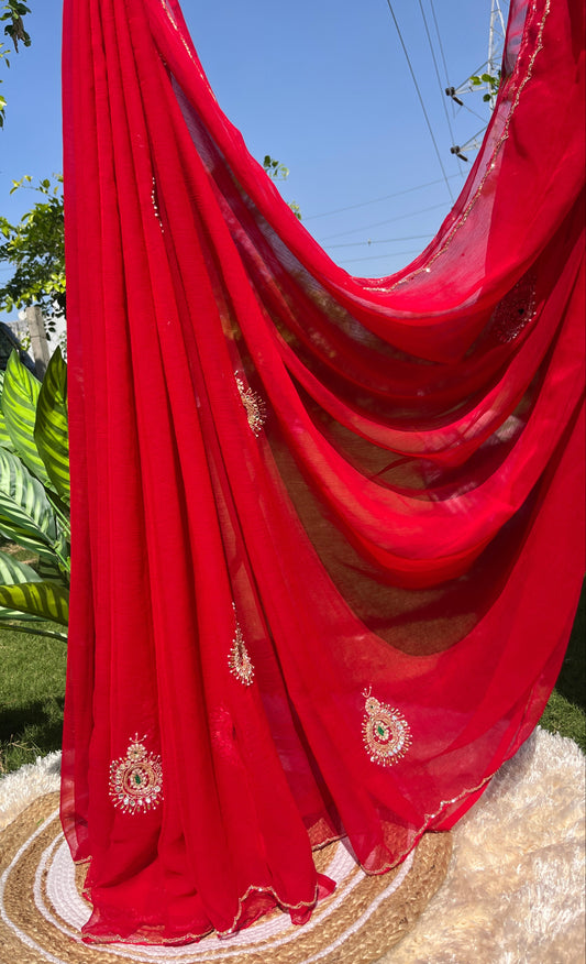 Luxurious Soft Chiffon Saree with Intricate Kardhana & Moti Handwork | Lightweight Saree