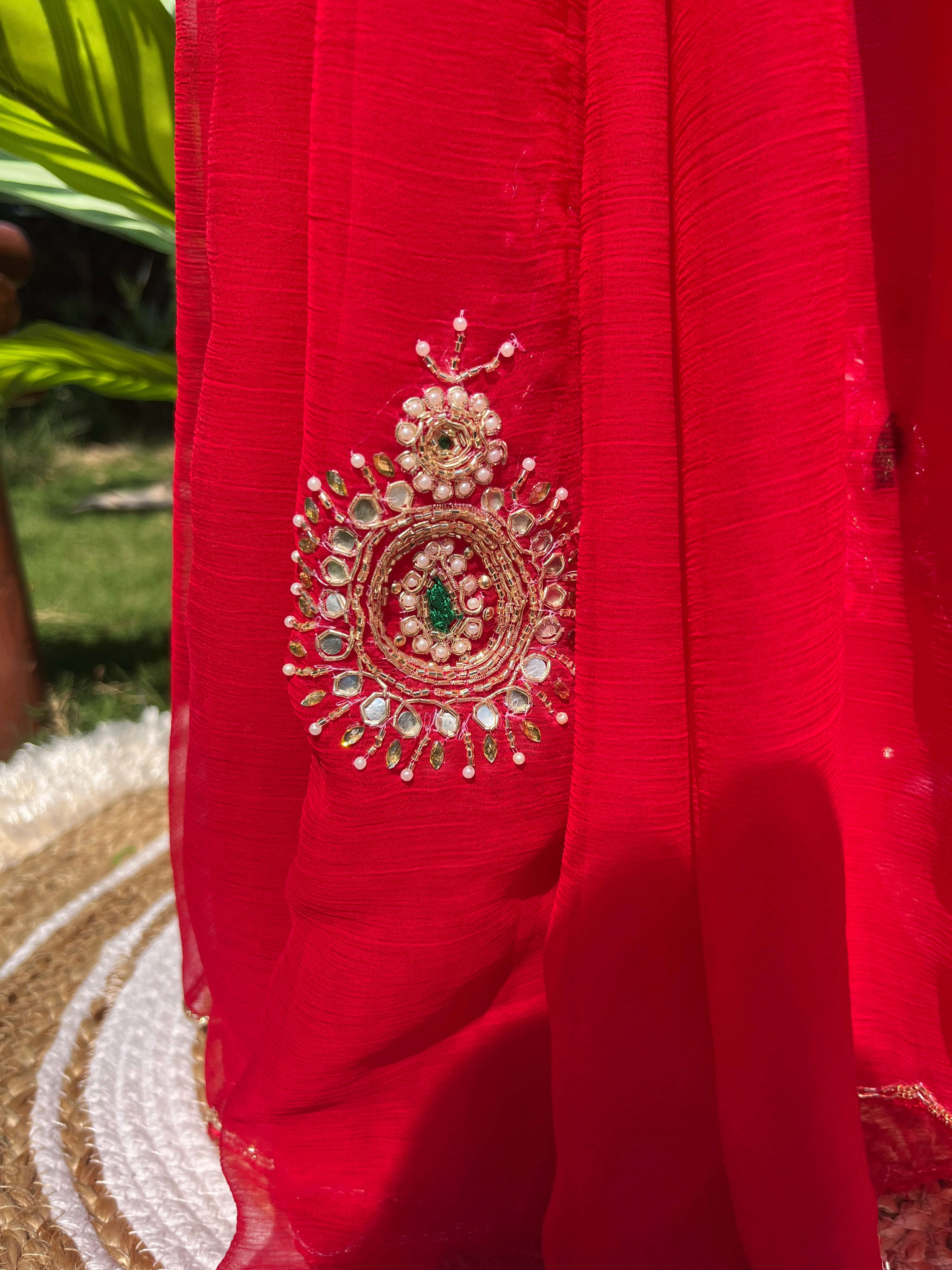 Luxurious Soft Chiffon Saree with Intricate Kardhana & Moti Handwork | Lightweight Saree Amai Jaipur