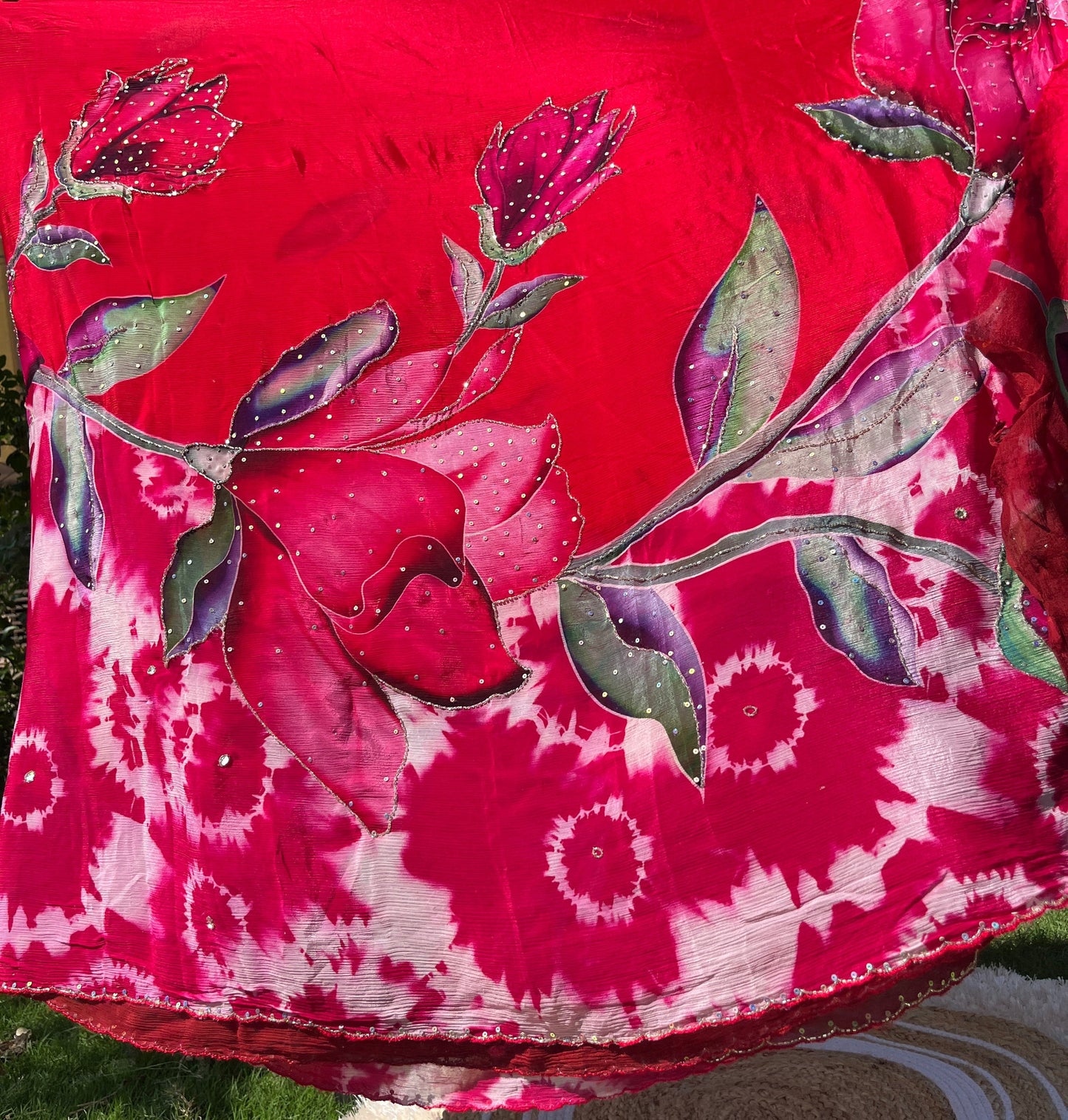 Elegant Pure Chinon Saree with Sequence Handwork & Artistic Cut-Work Pallu