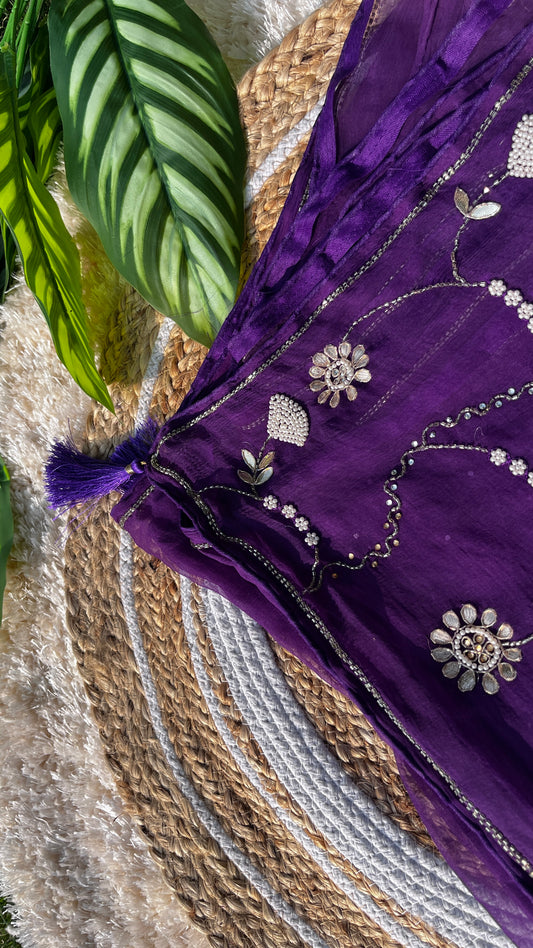 Lightweight Pure Chiffon Saree with rich Kardhana and Gotta Patti embroidery; the pallu showcases a heavy floral handwork design and is embellished with tassels. Close Up Picture.