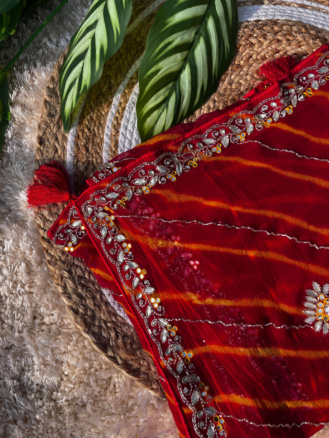 Vibrant Red Lehariya Pure Chiffon Saree featuring Heavy Kardhana and Gotta Patti Butta Work. Traditional Rajasthani handwork for wedding and festive wear.