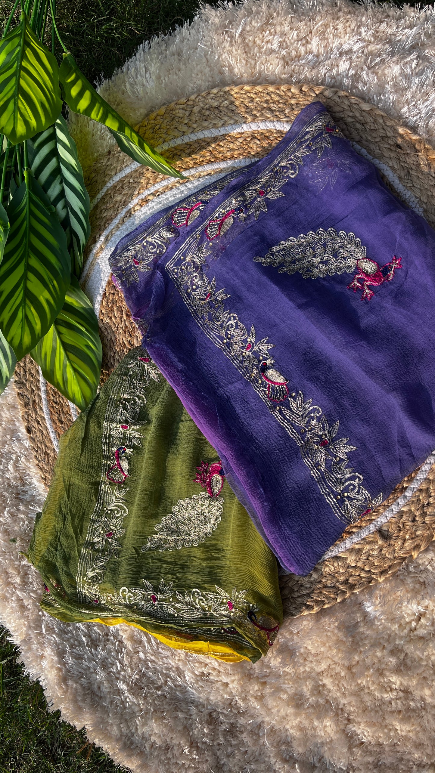 Lightweight Pastel Lavender, Saucy Yellow, and Olive Green Pure Chiffon Saree, hand-embroidered with traditional Aari Tari and sparkling Peacock Aari Butta motifs. A perfect color combination.