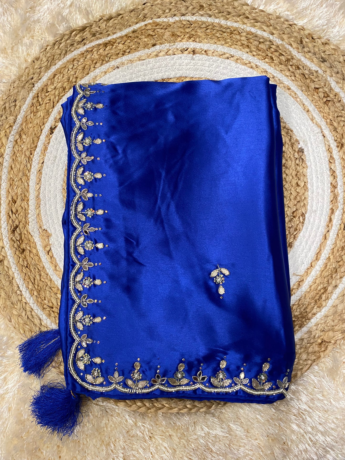 Luxurious Pure Satin Saree with Chid Moti & Kardhana Handwork | Festive Occasions