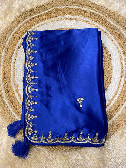 Luxurious Pure Satin Saree with Chid Moti & Kardhana Handwork | Festive Occasions