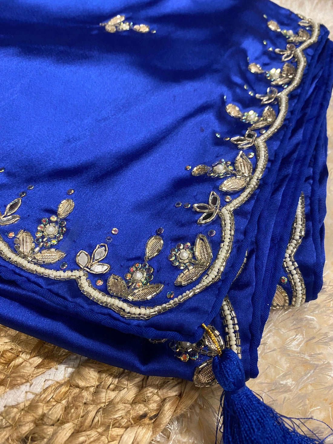 Luxurious Pure Satin Saree with Chid Moti & Kardhana Handwork | Festive Occasions Amai Jaipur