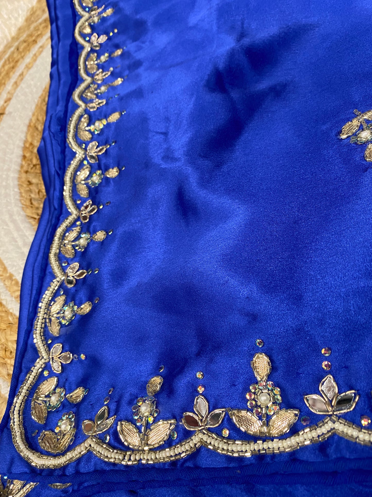 Luxurious Pure Satin Saree with Chid Moti & Kardhana Handwork | Festive Occasions