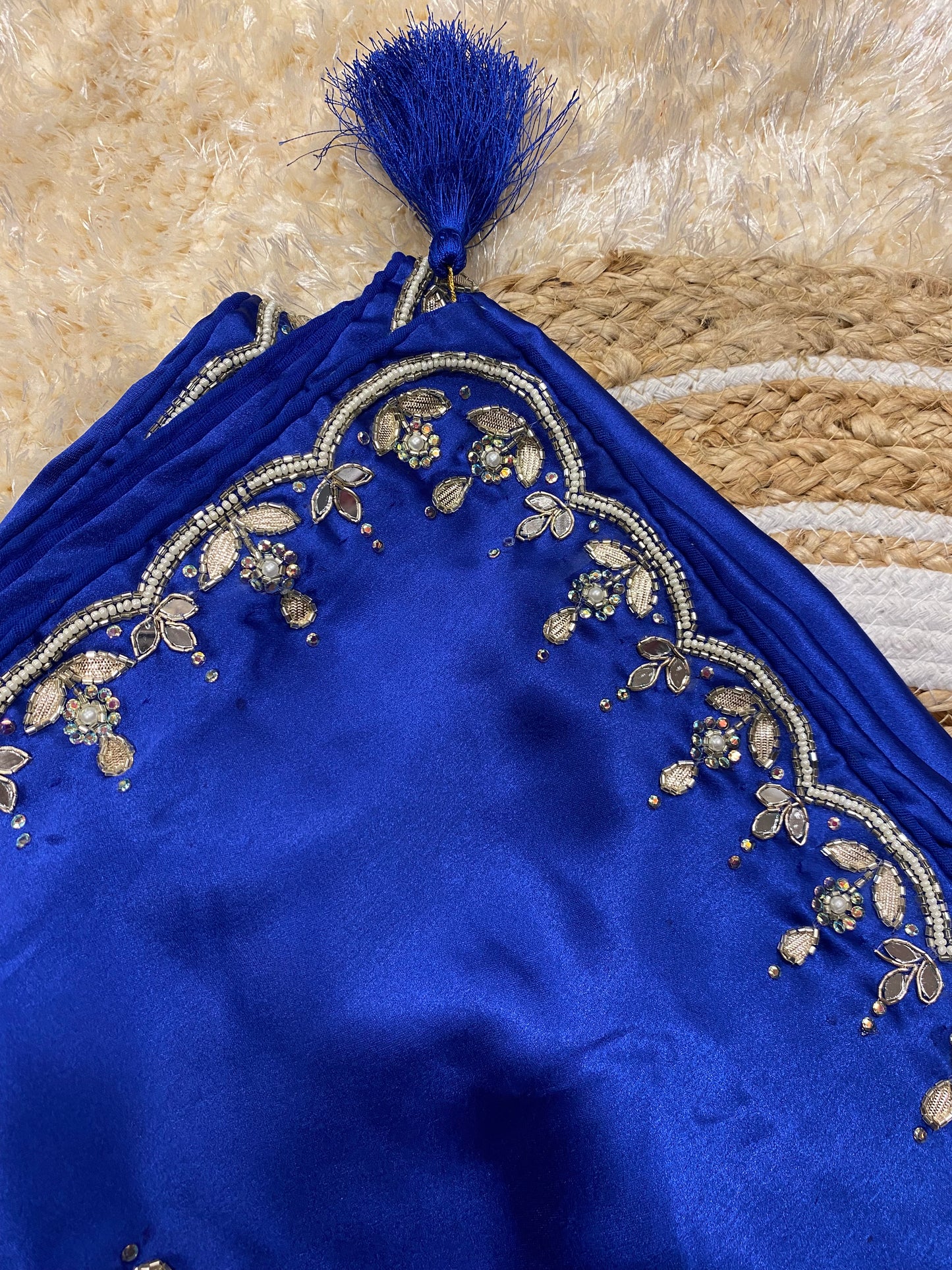 Luxurious Pure Satin Saree with Chid Moti & Kardhana Handwork | Festive Occasions