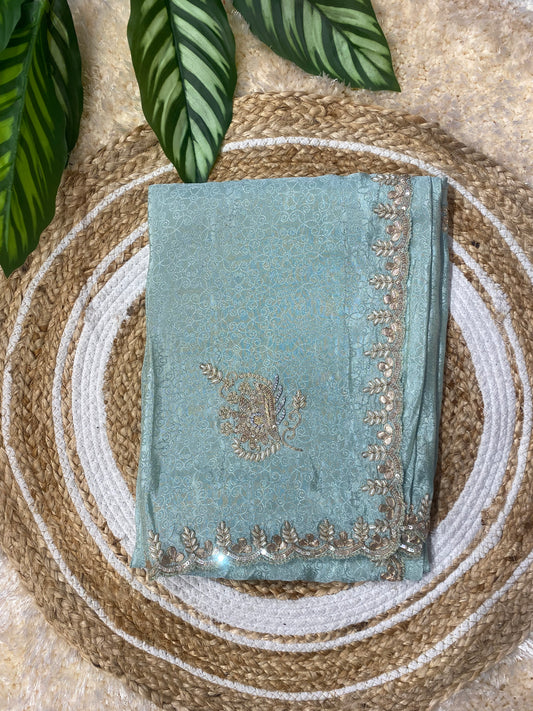 Exquisite Designer Saree: Pure Cosmos Saree with Heavy Zardozi & Moti Handwork