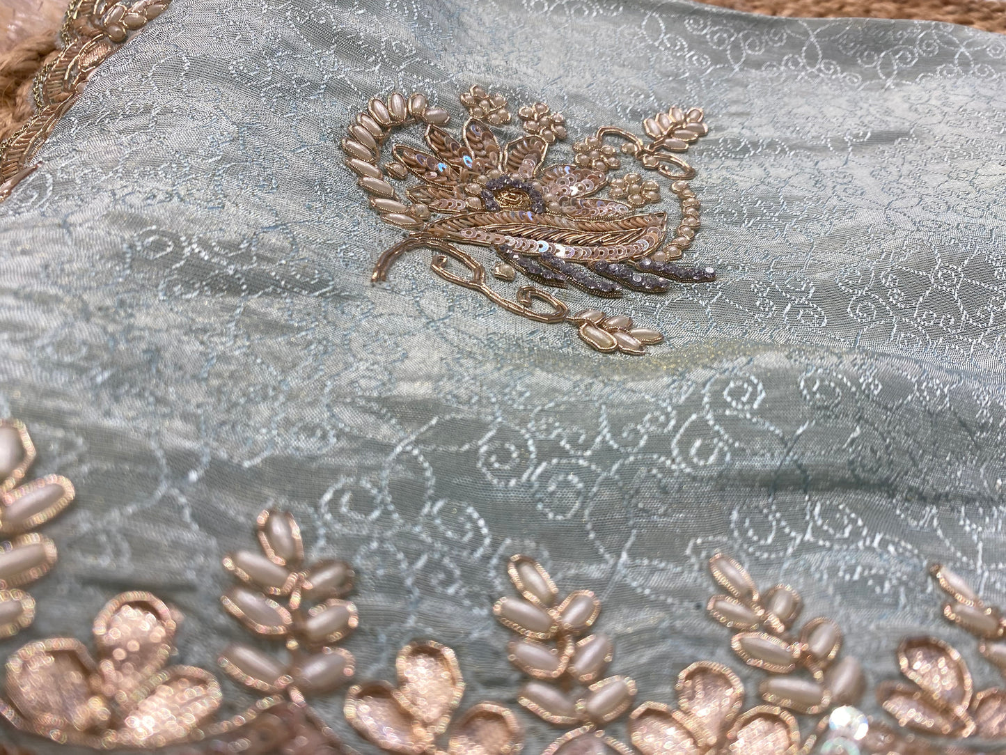 Exquisite Designer Saree: Pure Cosmos Saree with Heavy Zardozi & Moti Handwork