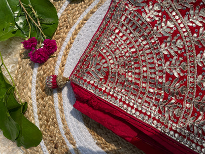 Regal Red Designer Saree in Pure Upada Silk with Heavy Gotta Patti Handwork