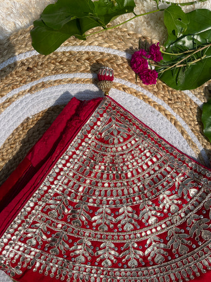 Regal Red Designer Saree in Pure Upada Silk with Heavy Gotta Patti Handwork