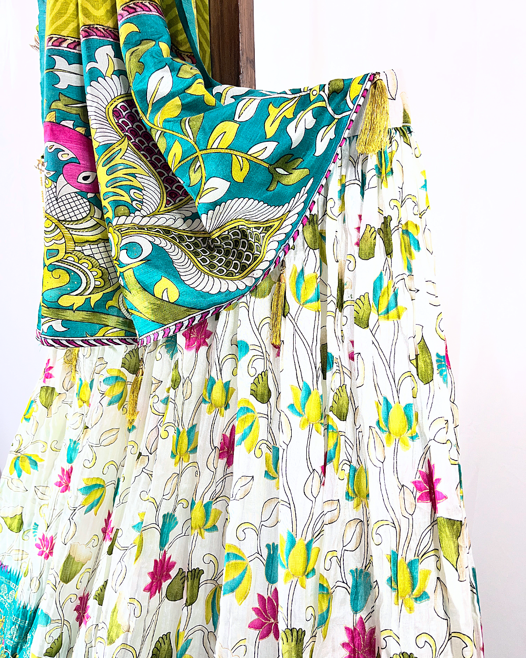 Multicolor Floral Digitally Printed Cotton Lehenga Choli featuring vibrant flower motifs and lightweight breathable fabric, perfect for summer festive wear and casual ethnic occasions.