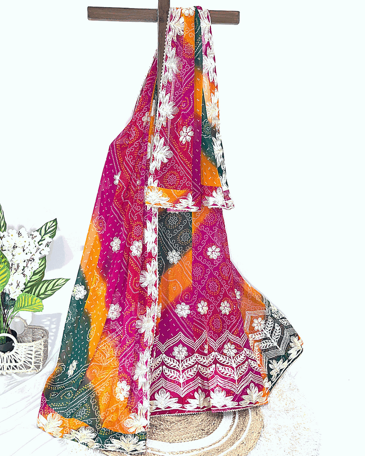 Multicolored Bandhani Lehenga Choli with detailed Gota Patti work, showcasing traditional Rajasthani Bandhej design in pink, orange, and green.