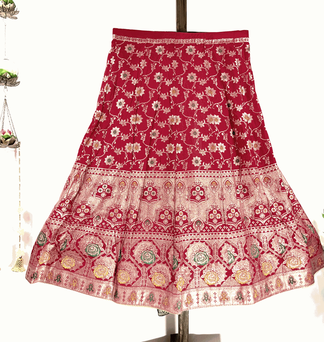 Traditional Red Dola Silk Lehenga skirt featuring heavy Meenakari Zari Weaving and a rich border, ideal for bridal and festive occasions.