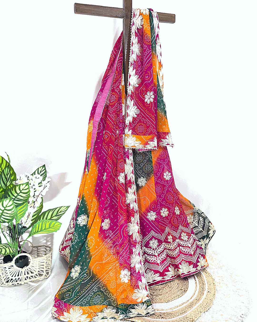 Multicolored Bandhani Dupatta with Gota Patti Work - Rajasthani Silk Bandhej Scarf for Festive & Wedding Wear